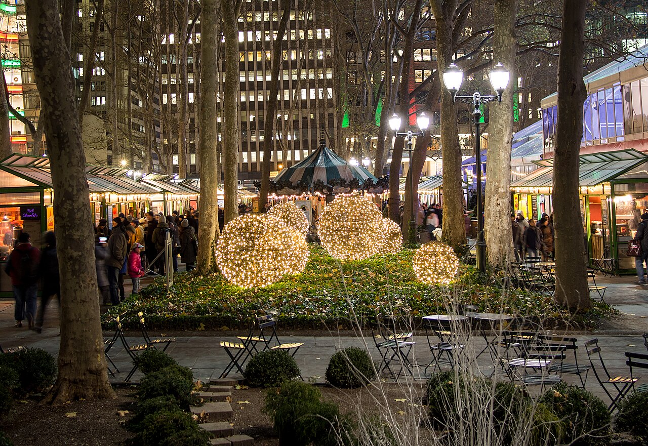 Holiday stalls and Christmas lights at Bryant Park Winter Village