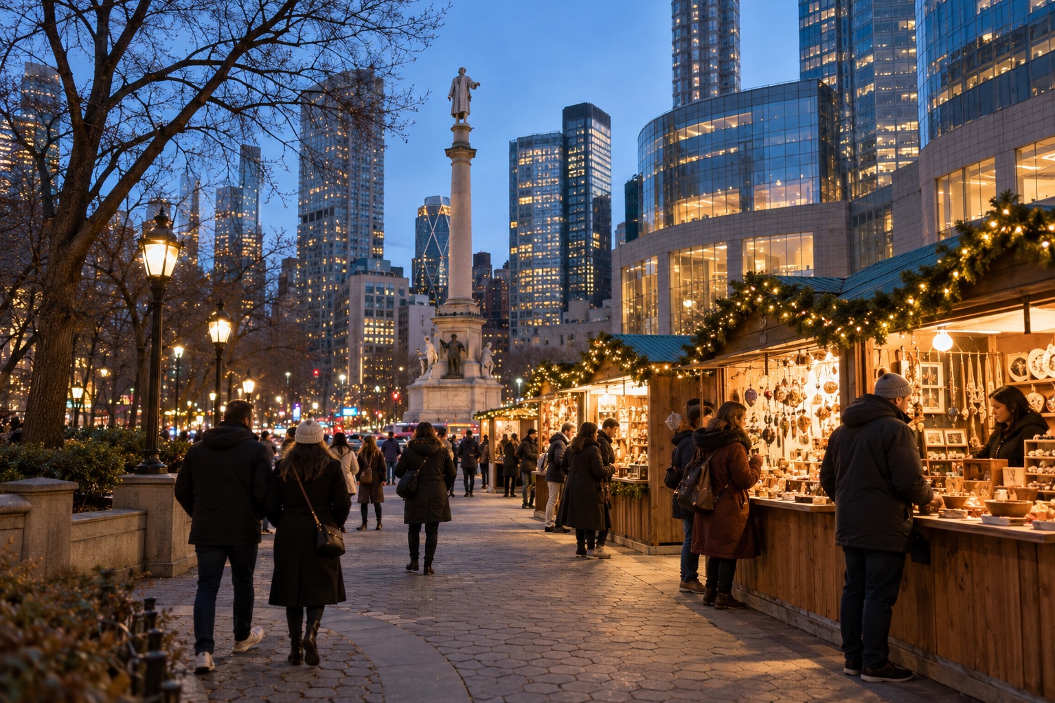 Columbus Circle Holiday Market 2026 in New York: dates, hours and tips — AI-generated illustration; not a photograph of the 2026 edition.