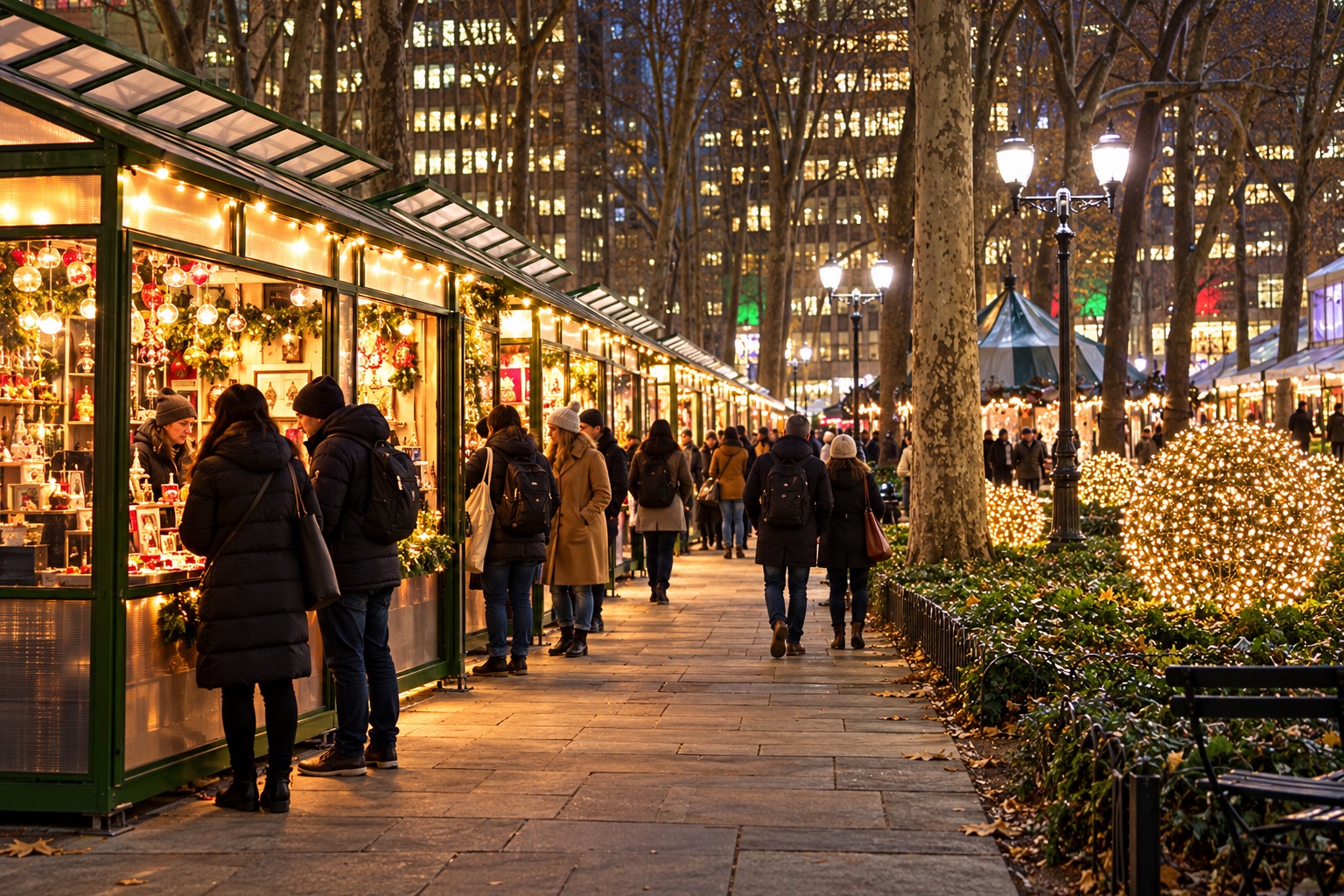 Holiday stalls and Christmas lights at Bryant Park Winter Village