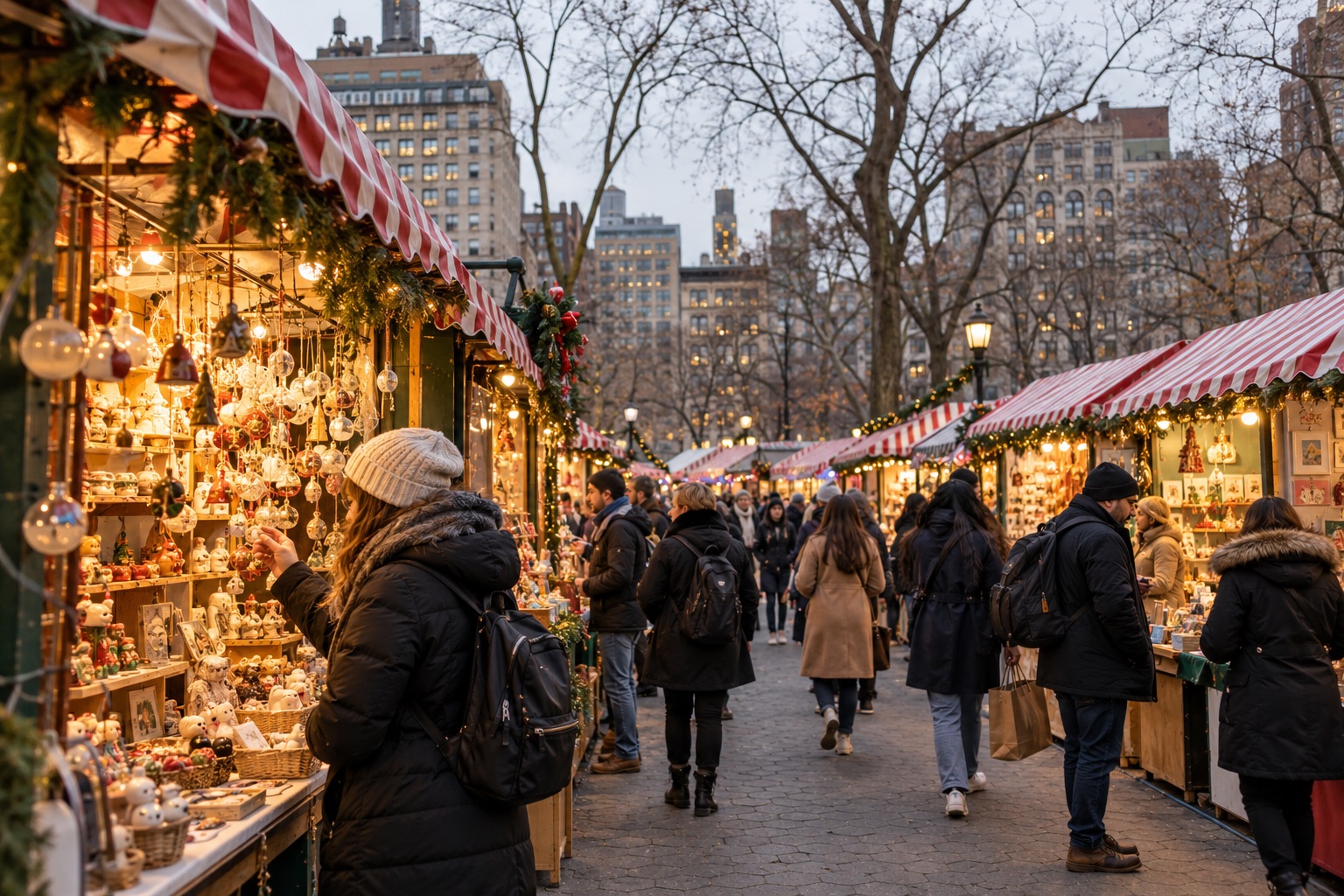 Union Square Holiday Market 2026 in New York: dates, gifts and visitor tips — AI-generated illustration; not a photograph of the 2026 edition.